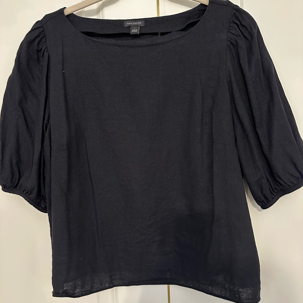 Ann Taylor Black Linen Puff Sleeve Blouse